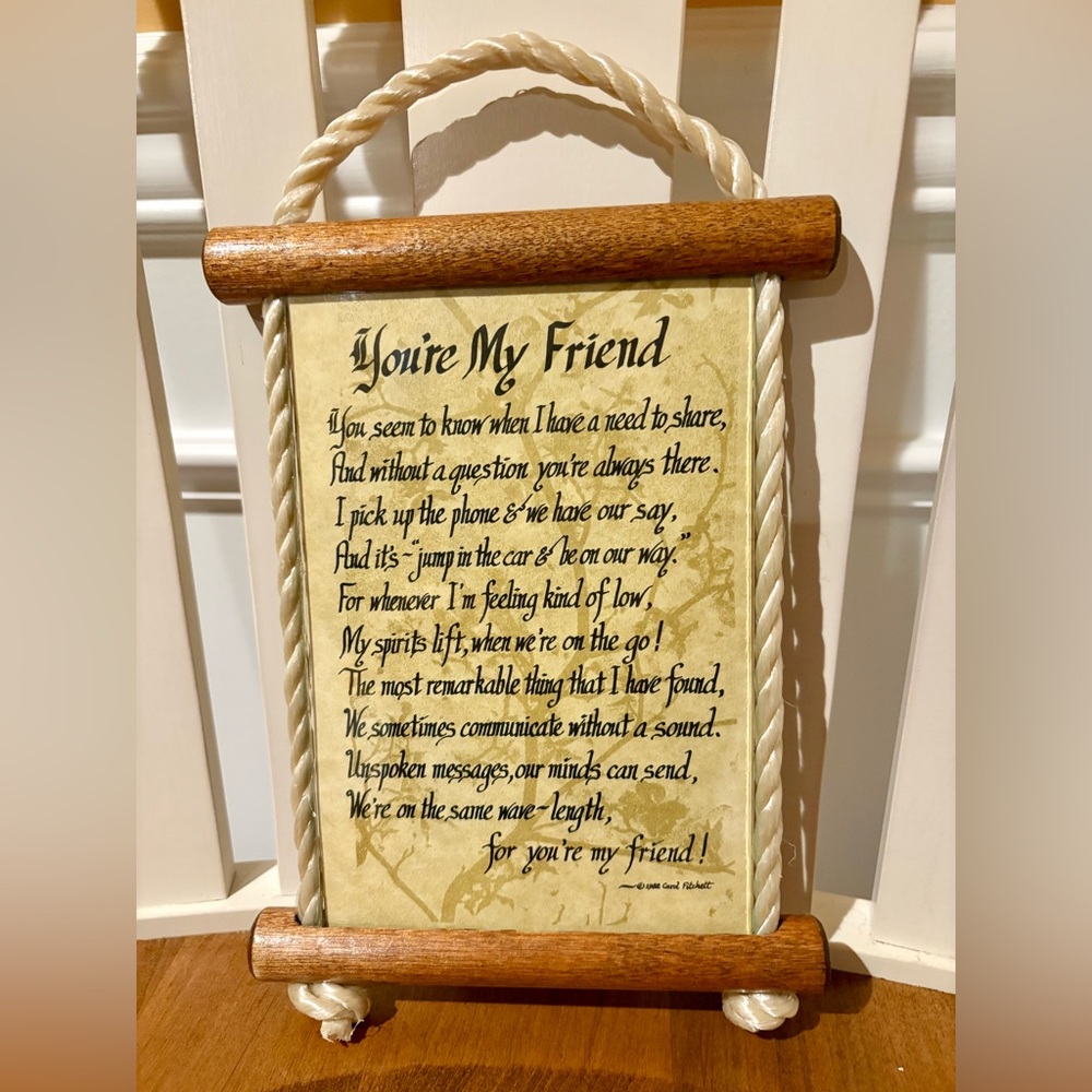 80s Wood Wall Plaque, “You’re My Friend” by Carol Fitchett. Preowned
